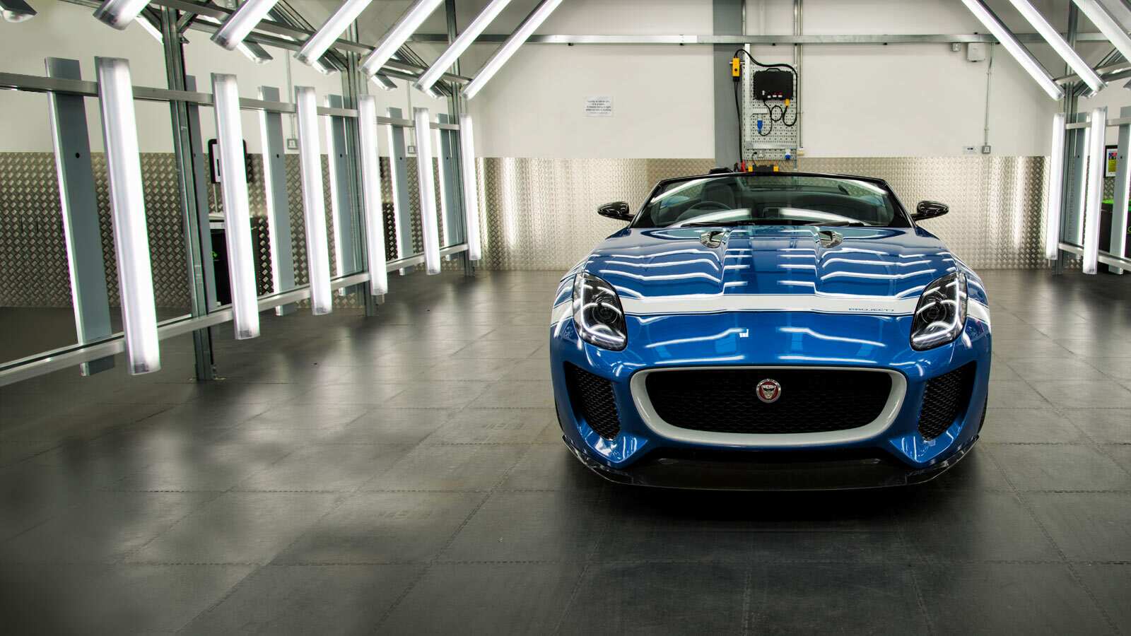Jaguar Project 7 in blue inside a bay at Special Vehicle Operations Centre.